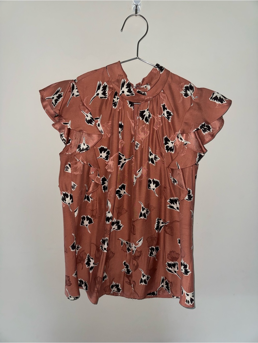 Silk Rust Floral Ruffle Sleeve Blouse